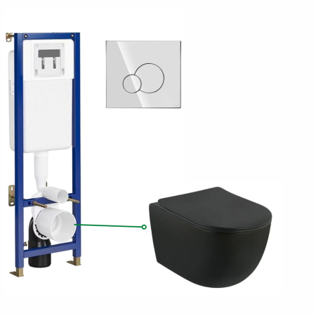 Seturi vas WC suspendat cu rezervor incastrat si clapeta - Set vas wc suspendat, negru mat rotund, spalare tornado, Foglia Oslo, rezervor wc incastrat si clapeta crom lucios, Cersanit Tech Line Base