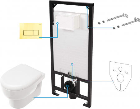 Vase WC - Set vas wc suspendat rimless alb cu rezervor incastrat si clapeta de actionare aurie Deante, Avis