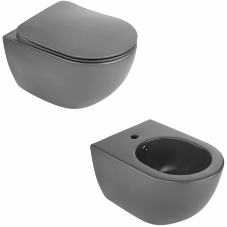 Baie completa - Set vas wc suspendat rimless antracit mat cu capac soft close si bideu cu prealin, Deante Peonia