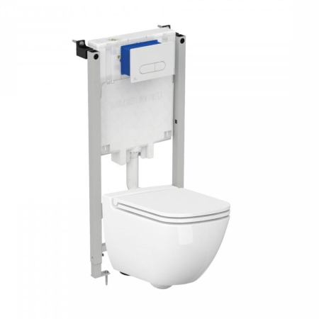 Seturi vas WC suspendat cu rezervor incastrat si clapeta - Set vas wc suspendat rimless, Cersanit, Caspia New si rezervor incastrat PROSYS cu clapeta Oleas M1 alb lucios, Ideal Standard