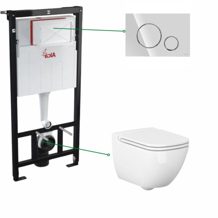 Seturi vas WC suspendat cu rezervor incastrat si clapeta - Set vas wc suspendat rimless, Cersanit, Caspia New si rezervor wc incastrat  Alcaplast cu clapeta crom lucios, Cersanit Opti B2