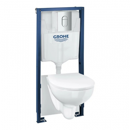 Seturi vas WC suspendat cu rezervor incastrat si clapeta - Set vas wc suspendat rimless cu capac Grohe Bau Ceramic, rezervor incastrat Rapid SL si clapeta crom