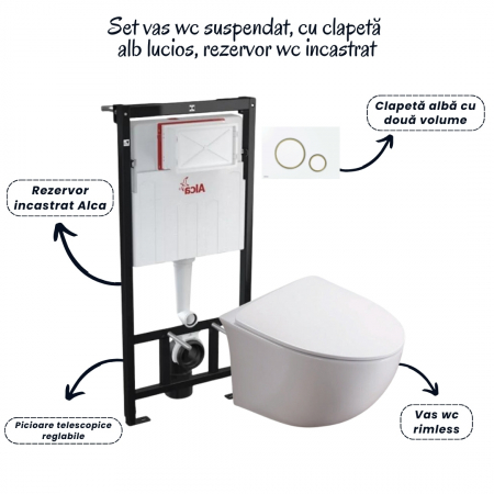 Set vas wc suspendat rimless cu capac soft close Alice, rezervor incastrat si clapeta alba Alcaplast [1]