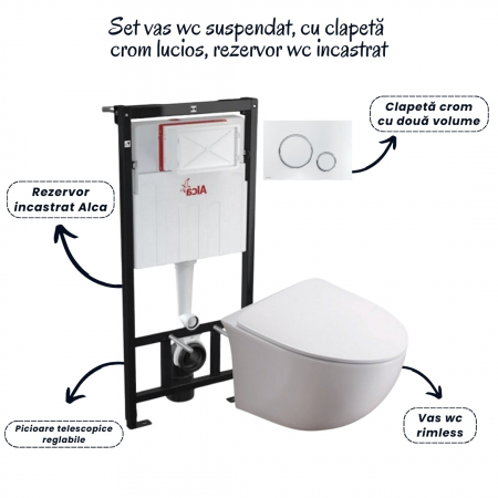 Set vas wc suspendat rimless cu capac soft close Alice, rezervor incastrat si clapeta crom lucios Alcaplast [1]