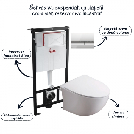 Set vas wc suspendat rimless cu capac soft close Alice, rezervor incastrat si clapeta crom mat Alcaplast [1]