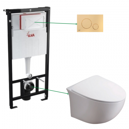 Provocarea mintii - ghicitori cu reduceri - Set vas wc suspendat rimless cu capac soft close Foglia Alice, rezervor incastrat si clapeta wc auriu lucios, Alcaplast