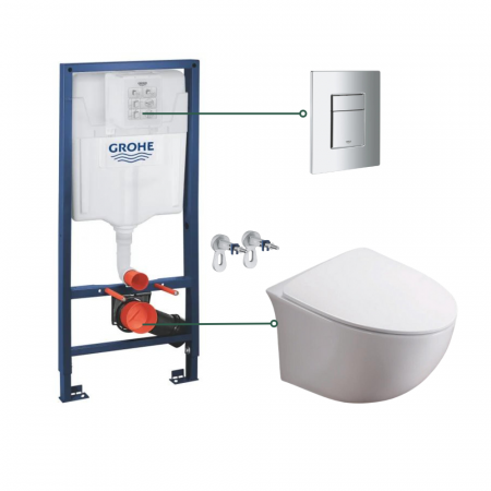 Baie - Set vas wc suspendat rimless cu capac soft close Alice si set rezervor wc incastrat Grohe Rapid SL cu set fixare si clapeta crom Skate Cosmopolitan Grohe