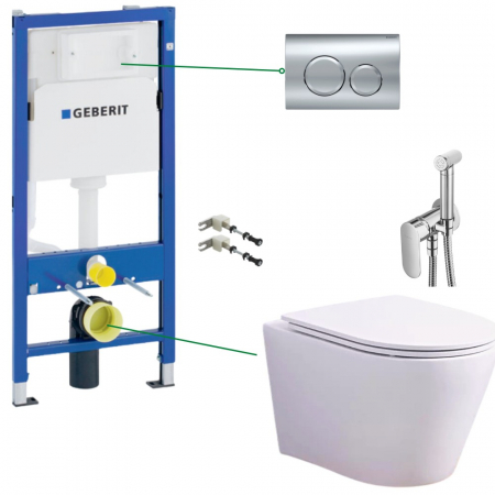 Seturi vas WC suspendat cu rezervor incastrat si clapeta - Set vas wc suspendat rimless cu capac soft close, baterie bideu, rezervor incastrat si clapeta Geberit Delta