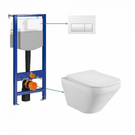 Seturi vas WC suspendat cu rezervor incastrat si clapeta - Set vas wc suspendat rimless cu capac soft close Bristol, rezervor incastrat si clapeta alba Cersanit Presto II
