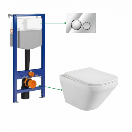 Seturi vas WC suspendat cu rezervor incastrat si clapeta - Set vas wc suspendat rimless cu capac soft close Bristol, rezervor incastrat si clapeta crom lucios Cersanit Luna