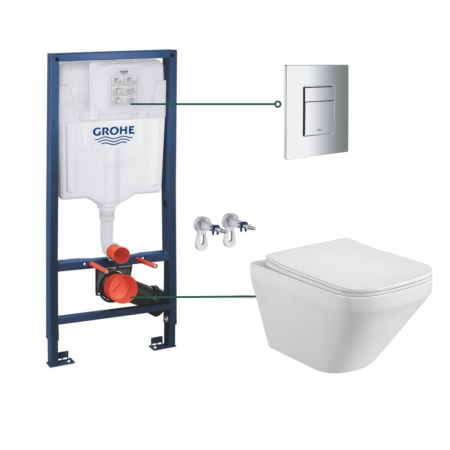 Seturi vas WC suspendat cu rezervor incastrat si clapeta - Set vas wc suspendat rimless cu capac soft close Bristol si set rezervor wc incastrat Grohe Rapid SL cu set fixare si clapeta crom Skate Cosmopolitan Grohe