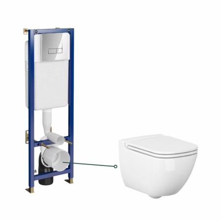 Baie - Set vas wc suspendat rimless cu capac Soft Close Caspia New, rezervor incastrat, clapeta actionare dubla Tech Line Base Smart crom lucios, Cersanit