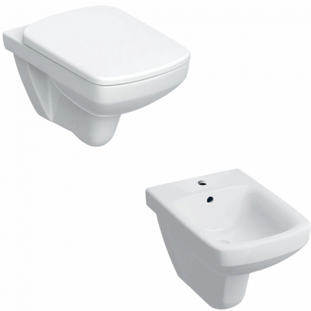 Seturi vase WC cu bideu - Set vas wc suspendat rimless cu capac soft close din duroplast si bideu cu preaplin, Geberit Selnova Square