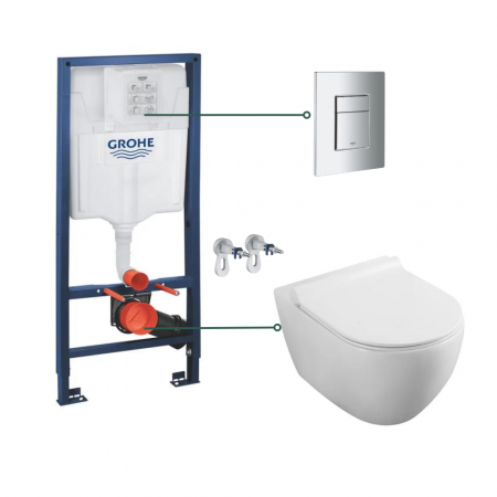 Seturi vas WC suspendat cu rezervor incastrat si clapeta - Set vas wc suspendat rimless cu capac soft close Fluminia, Minerva si set rezervor wc incastrat Grohe Rapid SL cu set fixare si clapeta crom Skate Cosmopolitan Grohe