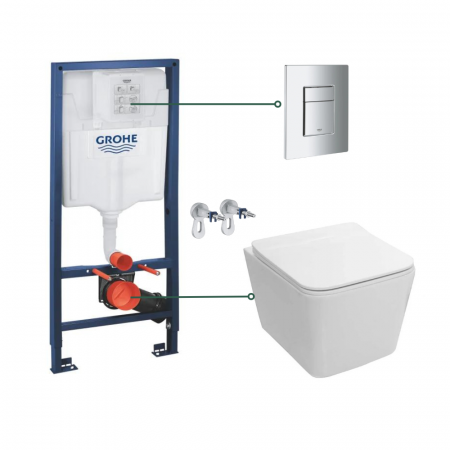 Seturi vas WC suspendat cu rezervor incastrat si clapeta - Set vas wc suspendat rimless cu capac soft close Fluminia, Paris si set rezervor wc incastrat Grohe Rapid SL cu set fixare si clapeta crom Skate Cosmopolitan Grohe