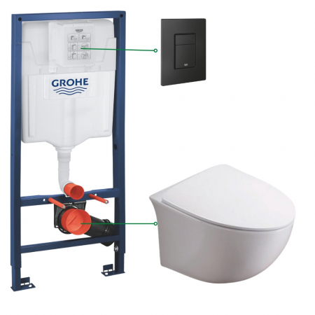 Baie - Set vas wc suspendat rimless cu capac soft close Foglia Alice, rezervor incastrat Grohe Solido 3 in 1 cu clapeta neagra mata Even