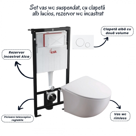 Set vas wc suspendat rimless cu capac soft close Foglia Alice, rezervor incastrat si clapeta alb lucios Alcaplast [1]