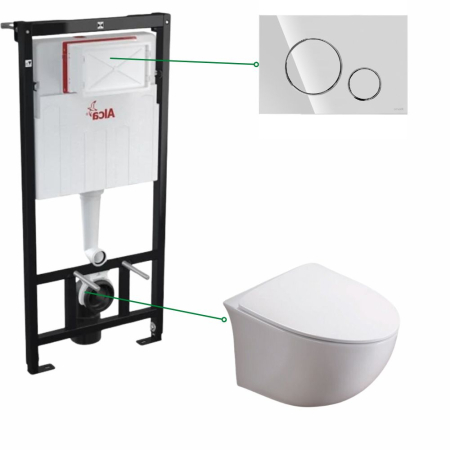 Set vas wc suspendat rimless cu capac soft close Foglia Alice, rezervor incastrat si clapeta crom lucios Cersanit [0]