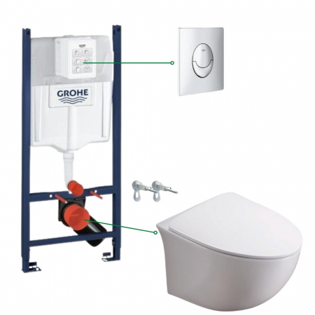 Baie - Set vas wc suspendat rimless cu capac soft close Foglia Alice, rezervor incastrat si clapeta crom Skate Air Grohe