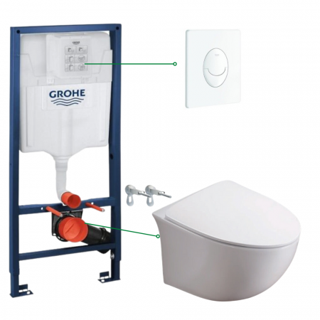 Provocarea mintii - ghicitori cu reduceri - Set vas wc suspendat rimless cu capac soft close Foglia Alice, rezervor wc incastrat Rapid SL cu set fixare si clapeta alba Skate Air Grohe