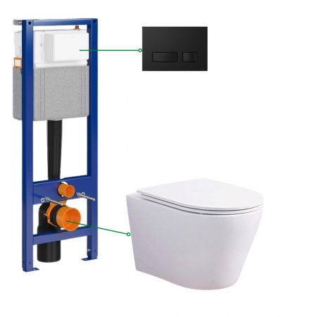 Seturi vas WC suspendat cu rezervor incastrat si clapeta - Set vas wc suspendat rimless cu capac soft close Oslo Foglia, rezervor incastrat si clapeta neagra Cersanit Block