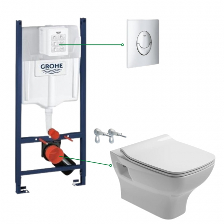 Seturi vas WC suspendat cu rezervor incastrat si clapeta - Set vas wc suspendat cu capac soft close Gala Street, rezervor incastrat si clapeta crom Skate Air Grohe