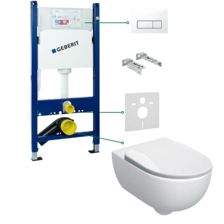 Seturi vas WC suspendat cu rezervor incastrat si clapeta - Set vas wc suspendat rimless cu capac soft close Geberit Selnova, rezervor incastrat si clapeta alba
