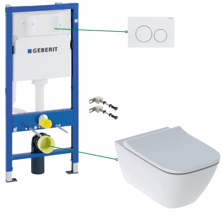 Seturi vas WC suspendat cu rezervor incastrat si clapeta - Set vas wc suspendat rimless cu capac soft close Geberit Smyle Square, rezervor incastrat si clapeta alba