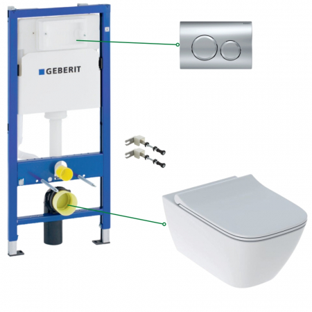 Seturi vas WC suspendat cu rezervor incastrat si clapeta - Set vas wc suspendat rimless cu capac soft close Geberit Smyle Square, rezervor incastrat si clapeta alba