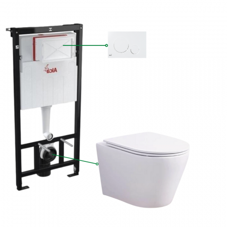 Vase WC - Set vas wc suspendat rimless cu capac soft close Oslo Foglia, rezervor incastrat si clapeta crom lucios, Alcaplast