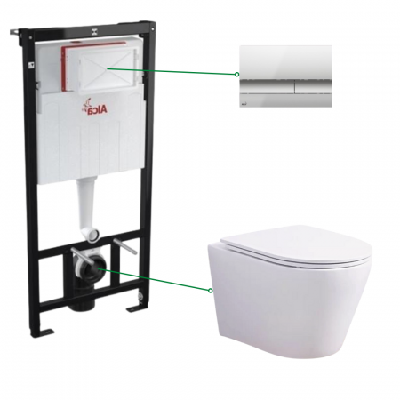 Vase WC - Set vas wc suspendat rimless cu capac soft close Oslo Foglia, rezervor incastrat si clapeta crom mat Alcaplast