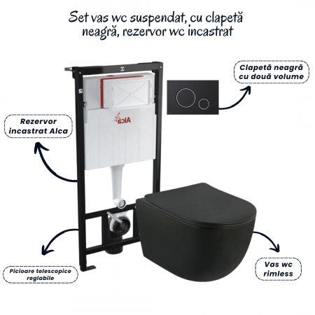 Set vas wc suspendat cu capac soft close Oslo, rezervor incastrat si clapeta neagra Alcaplast [1]