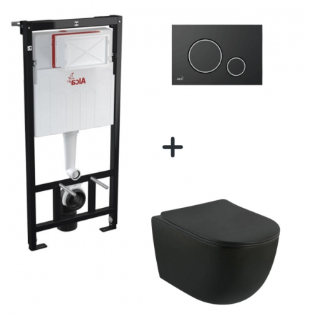 Seturi vas WC suspendat cu rezervor incastrat si clapeta - Set vas wc suspendat cu capac soft close Oslo, rezervor incastrat si clapeta neagra Alcaplast