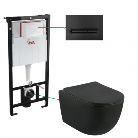 Seturi vas WC suspendat cu rezervor incastrat si clapeta - Set vas wc suspendat rimless negru mat cu capac, rezervor incastrat si clapeta negru mat Alcaplast M1878
