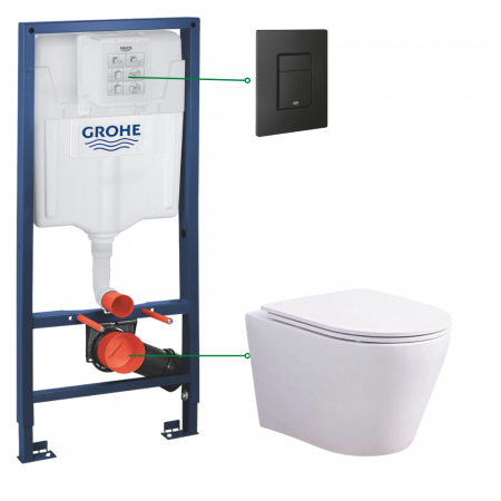 Seturi vas WC suspendat cu rezervor incastrat si clapeta - Set vas wc suspendat vortex cu capac soft close Oslo Foglia si rezervor incastrat Grohe Solido 3 in 1 cu clapeta neagra mata Even