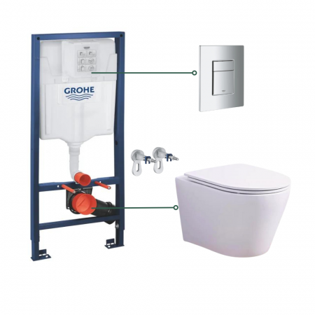 Seturi vas WC suspendat cu rezervor incastrat si clapeta - Set vas wc suspendat Vortex cu capac soft close Oslo si set rezervor wc incastrat Grohe Rapid SL cu set fixare si clapeta crom Skate Cosmopolitan Grohe