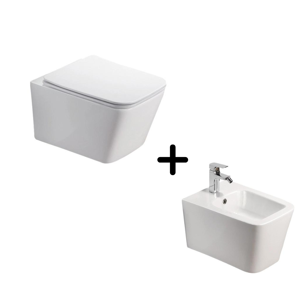Seturi vase WC cu bideu - Set vas WC suspendat rimless, cu capac soft close plus bideu, Paris