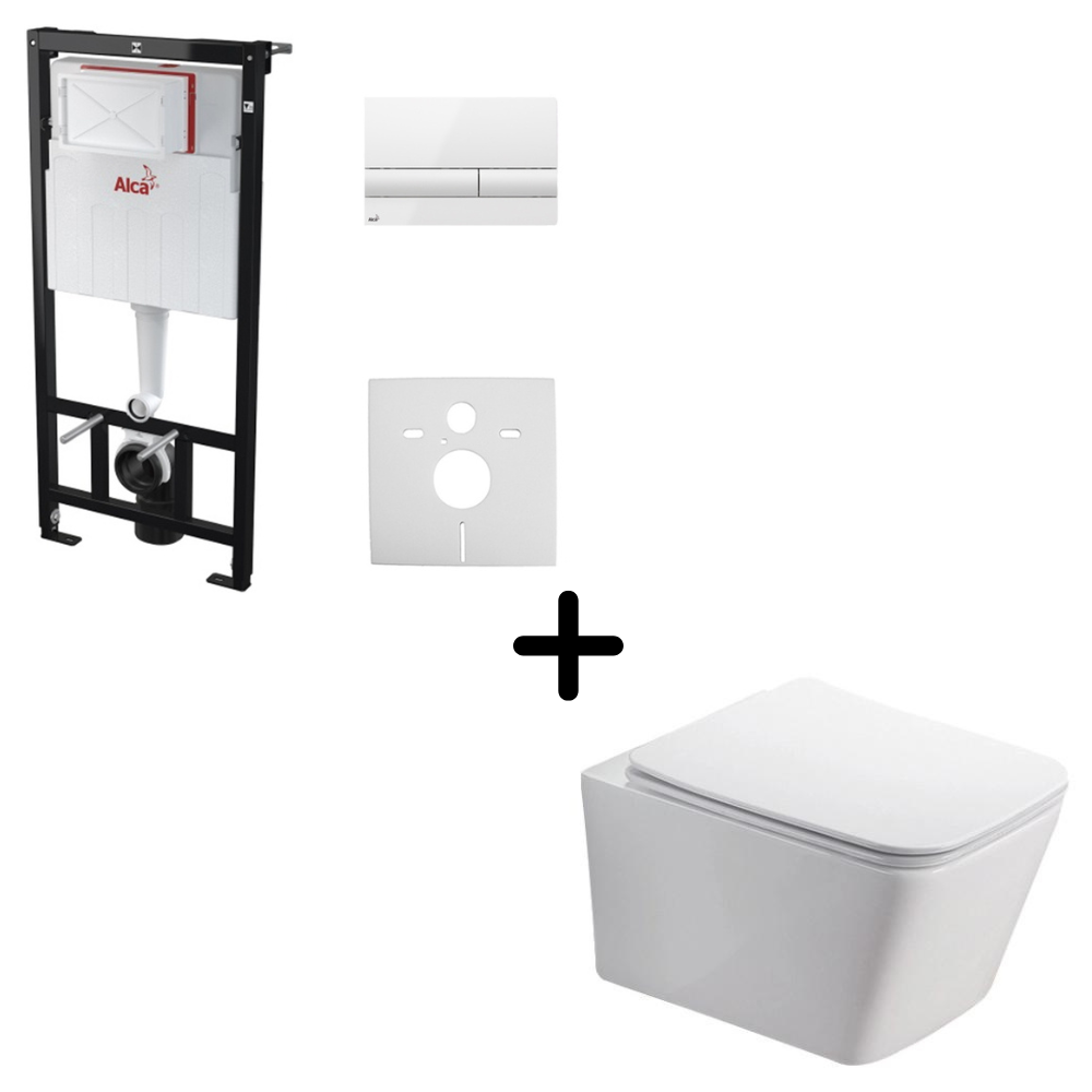 Seturi vas WC suspendat cu rezervor incastrat si clapeta - Set vas WC suspendat rimless, cu capac soft close plus rezervor incastrat Alcadrain