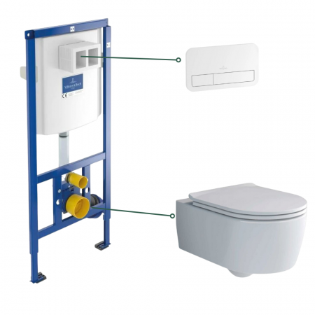 Seturi vas WC suspendat cu rezervor incastrat si clapeta - Set vas wc suspendat rimless cu capac soft close, rezervor incastrat si clapeta alba Villeroy & Boch