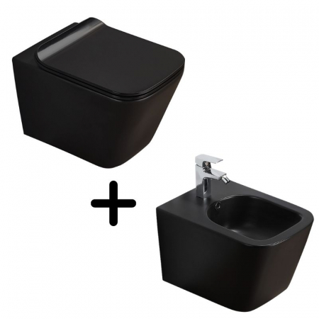Perechea perfecta - Set vas wc negru suspendat, rimless, cu capac soft close si bideu inclus, Paris