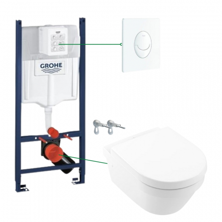 Set vas wc suspendat rimless cu capac Villeroy&Boch, Architectura plus rezervor incastrat si clapeta alba Skate Air Grohe [0]