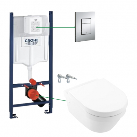 Set vas wc suspendat rimless cu capac Villeroy&Boch, Architectura plus rezervor incastrat si clapeta crom Skate Cosmopolitan Grohe [0]