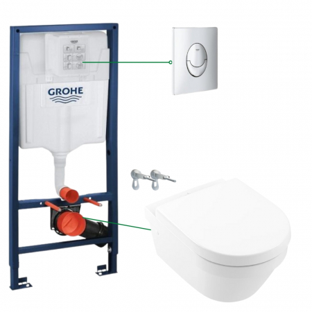 Seturi vas WC suspendat cu rezervor incastrat si clapeta - Set vas wc suspendat rimless cu capac Villeroy&Boch, Architectura plus rezervor wc incastrat si clapeta crom Skate Air Grohe