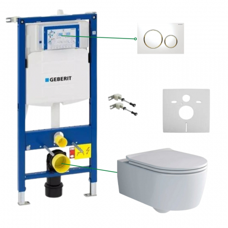 Seturi vas WC suspendat cu rezervor incastrat si clapeta - Set vas wc suspendat rimless cu capac Villeroy&Boch, rezervor incastrat cu set fixare, set antifonare si clapeta alba Geberit Sigma20