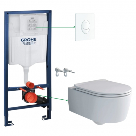 Seturi vas WC suspendat cu rezervor incastrat si clapeta - Set vas wc suspendat rimless cu capac Villeroy & Boch, rezervor incastrat si clapeta alba Skate Air Grohe