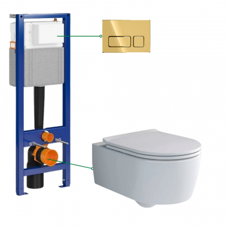 Seturi vas WC suspendat cu rezervor incastrat si clapeta - Set vas wc suspendat rimless cu capac Villeroy & Boch, rezervor incastrat si clapeta aurie Cersanit Block