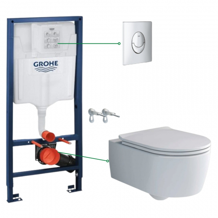 Seturi vas WC suspendat cu rezervor incastrat si clapeta - Set vas wc suspendat rimless cu capac Villeroy & Boch, rezervor incastrat si clapeta crom Skate Air Grohe