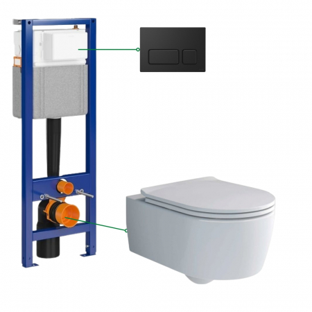 Seturi vas WC suspendat cu rezervor incastrat si clapeta - Set vas wc suspendat rimless cu capac Villeroy & Boch, rezervor incastrat si clapeta neagra Cersanit Block
