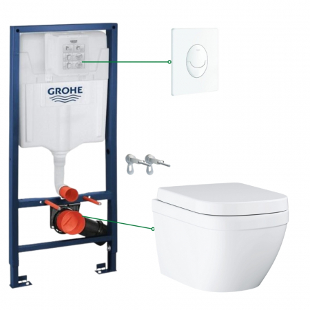 Seturi vas WC suspendat cu rezervor incastrat si clapeta - Set vas wc suspendat rimless cu capac Vortex , rezervor incastrat si clapeta alba Skate Air Grohe