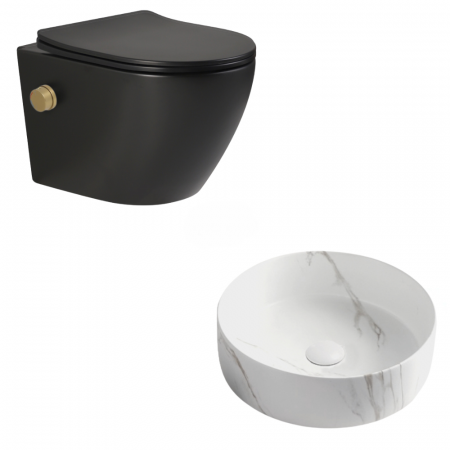 Seturi vase WC cu lavoar - Set vas wc suspendat rimless cu functie bideu, baterie inclusa auriu mat, Foglia Oslo plus lavoar rotund cu efect de marmura